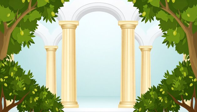 Classic white columns framed by lush green foliage and blue sky.
