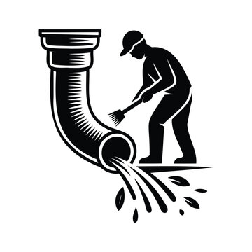 Plumber Cleaning Leaking Pipe Water Flow Silhouette Icon