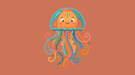 Colorful cartoon jellyfish with flowing tentacles illustration. © Egar