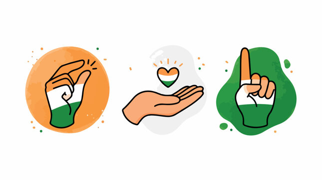 Indian patriotic hand gestures set, tricolor flag painted hands with heart and snapping fingers, 3 vector icons for Independence Day isolated PNG with Transparent Background