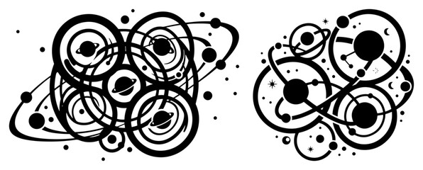Celestial planet orbits and solar system elements in abstract black and white line art vector style © Camel