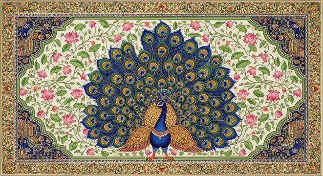 Exquisite Indian Peacock Displaying Vibrant Plumage Amidst Floral Patterns.