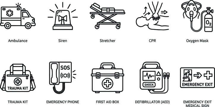 Set of ten medical emergency equipment icons showing ambulance stretcher first aid kit and cpr Vector, illustration