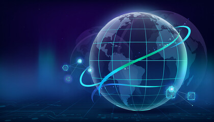 Naklejka premium Futuristic holographic earth globe with glowing blue network lines, digital technology concept hologram