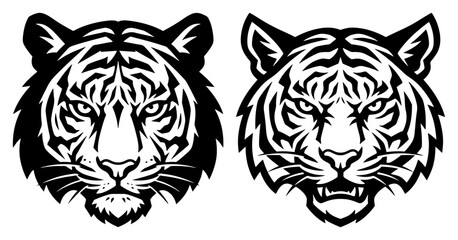Tiger heads featuring calm and growling facial expressions in high contrast stencil style © Camel