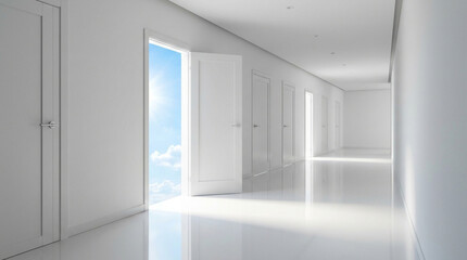 Fototapeta premium Bright future concept, open door in white corridor revealing blue sky and clouds
