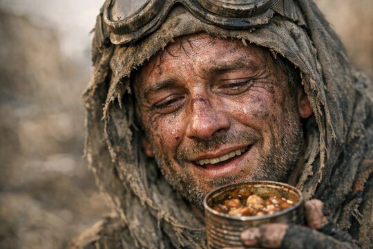 A man with a dirty face holds a bowl of food, a common scene in many situations