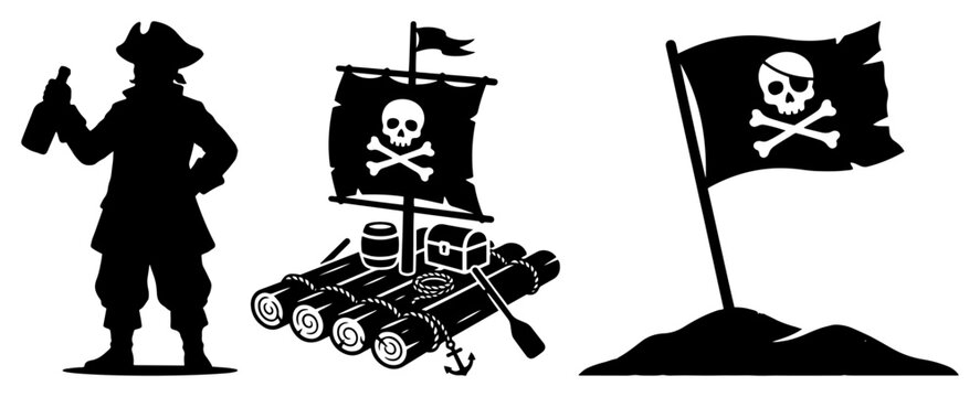 Pirate silhouettes showing a captain with a bottle a wooden raft and a skull flag on a hill in minimalist vector style