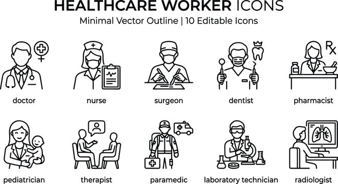 Set of ten minimal healthcare worker icons featuring doctor nurse surgeon and medical professionals Vector, illustration