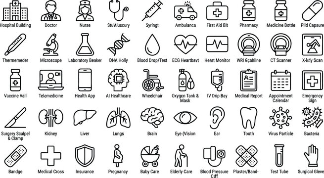Set of medical and healthcare line icons for hospital services and doctor tools Vector, illustration
