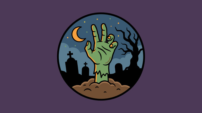 A green zombie hand rising from the grave in a spooky cemetery at night