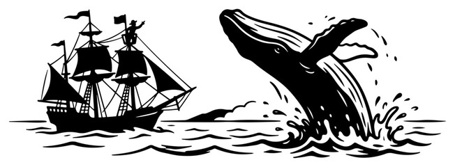 Huge whale breaching the ocean surface near a vintage sailing ship in classic engraving style © Camel