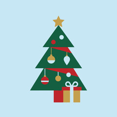 Naklejka premium Flat design Christmas tree with ornaments and gifts on blue background