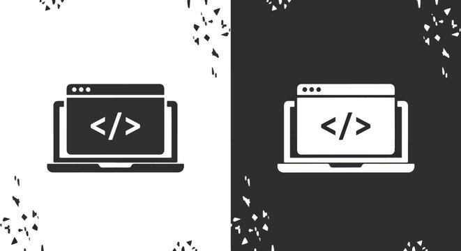 Laptop screen with programming code icon: Clipart, sticker - icon set - Line and glyph solid icon and logo template 