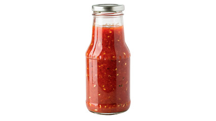 Glass bottle filled with red tomato juice or sauce isolated on transparent © novitskaya-png