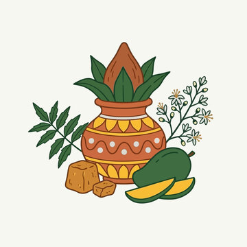 Traditional Ugadi festival elements with kalash, mango, neem and jaggery