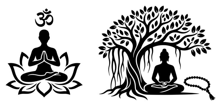 Buddha meditating under bodhi tree with lotus pose and prayer beads in spiritual silhouette style