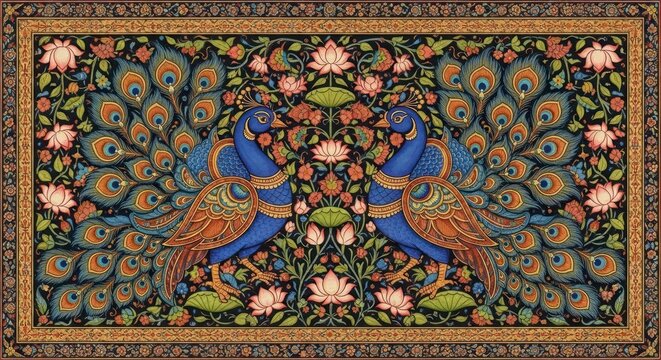 Exquisite Indian Peacock Motif Tapestry with Intricate Floral Designs.