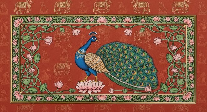 Exquisite Indian Peacock on Lotus Flower Traditional Art.