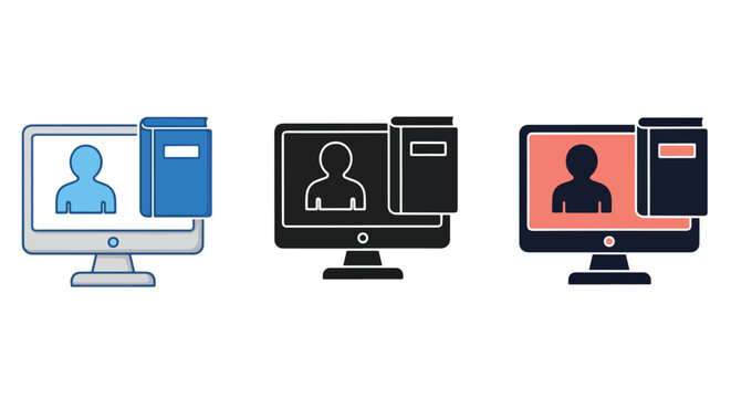 Online education computer book icon: logo icons vector set. Blue, Black and white icons