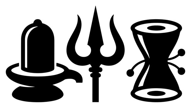Lord Shiva symbols including Shiva lingam trident and damru drum in bold black graphic style