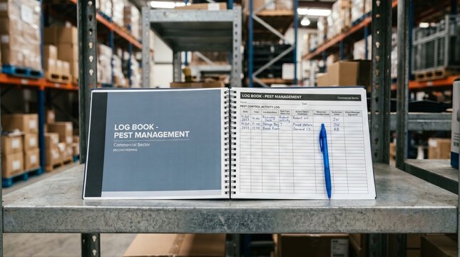 Pest management log book kept in warehouse for sanitation record. Professional control report for insect and rodent extermination documentation. Industrial health and safety compliance