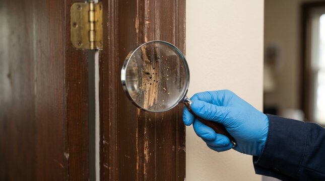 Exterminator inspecting house door frame with magnifying glass. Professional pest control specialist examining wood damage caused by termite infestation. Home maintenance and inspection