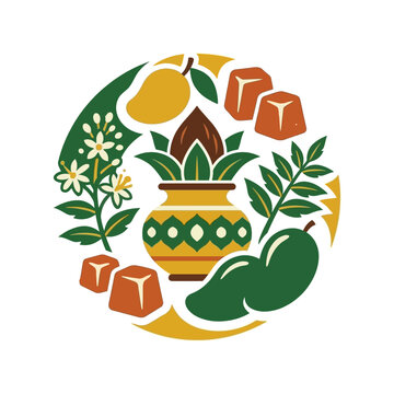 Traditional Ugadi festival illustration with kalash and pachadi ingredients