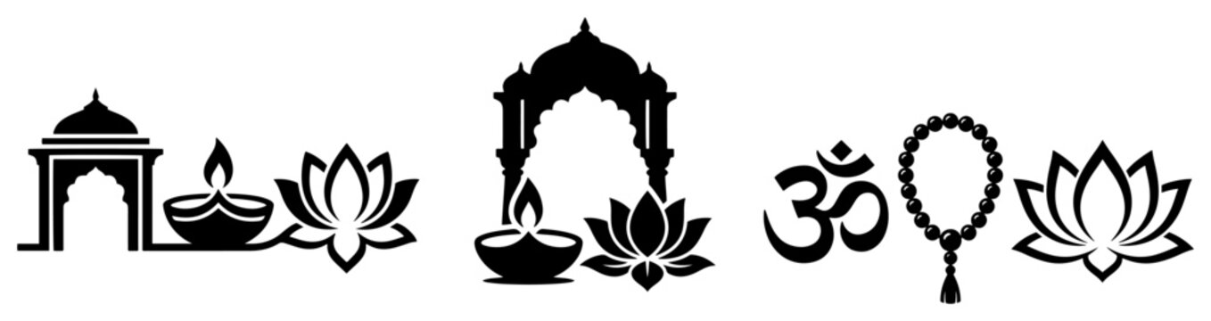 Hindu religious symbols including om diya lamp and temple arch in clean vector icon style
