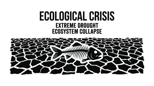 Black and white illustration of a fish skeleton resting on cracked dry earth during drought