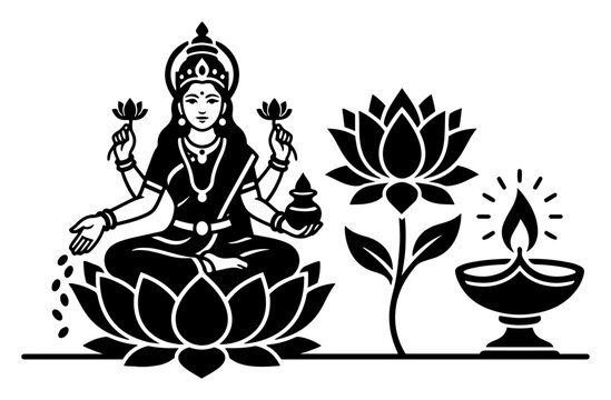 Hindu Goddess Lakshmi sitting on lotus flower with diya oil lamp in stylized black vector icon style