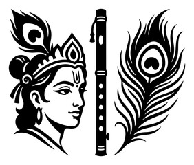 Lord Krishna face profile portrait with flute and peacock feather in stylized black vector art style © Camel