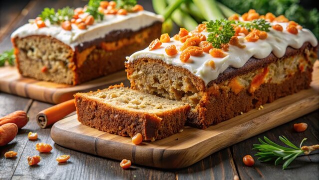 Vegan carrot cake loaf cut into pieces