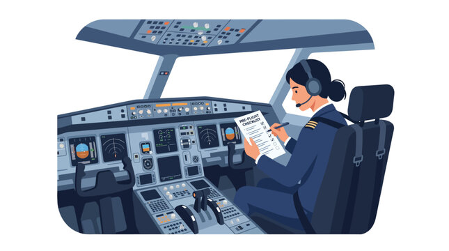 Female pilot reviewing flight checklist in airplane cockpit.