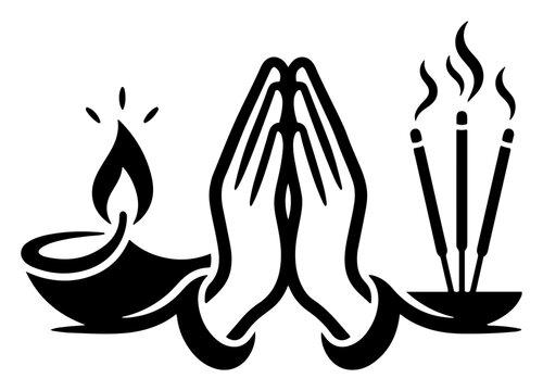 Praying hands in namaste gesture with burning diya lamp and incense sticks in clean graphic style