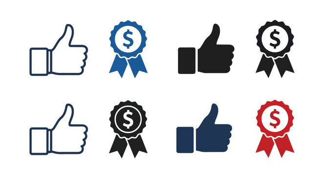 Thumb up and dollar medal vector icon set: Line and glyph solid icon and logo template - Clipart, sticker - icon set