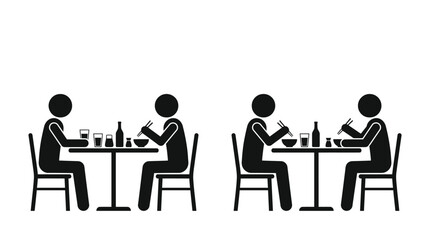 Fototapeta premium Simple black and white stick figure icons depicting people sitting at tables eating asian food