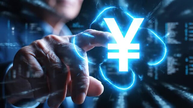Glowing Yen Yuan symbol with digital interaction.