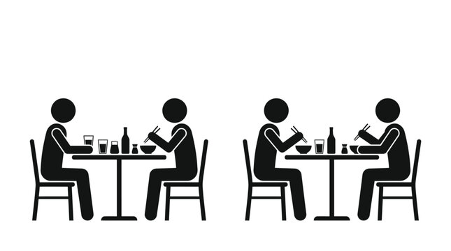 Simple black and white stick figure icons depicting people sitting at tables eating asian food