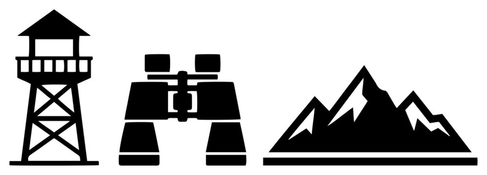 Outdoor adventure and forestry icons featuring watchtower binoculars and mountain peaks in bold black vector style