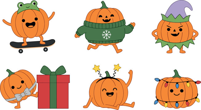 Set of Cute Pumpkin Characters in Christmas Costumes with Frog Hat, Sweater and Elf Outfit Vector Illustration