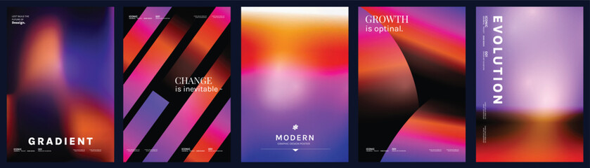 Fototapeta na wymiar Abstract neon gradient poster templates vector set. Red, pink, purple and blue glowing geometric shapes, diagonal stripes and fluid curves for modern cover, flyer, banner and wall art design.