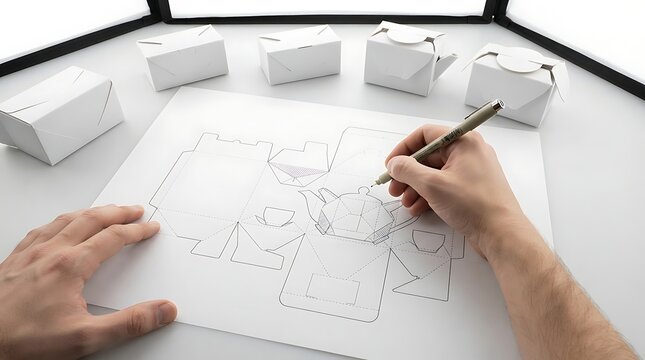 Designer hands sketching custom packaging blueprint for creative product development process in studio
