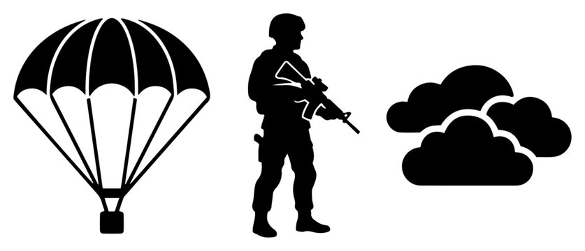 Airborne military paratrooper soldier with parachute and clouds in flat silhouette style