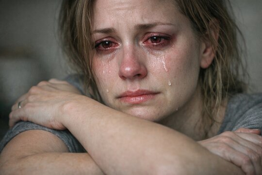 A woman with tears in her eyes, expressing sadness or emotional pain