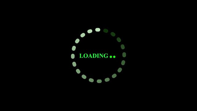 Loading circle indicator features a soft pale green hue on a pitch black background with the text loading placed inside to denote that the system process is currently busy with internal operations.