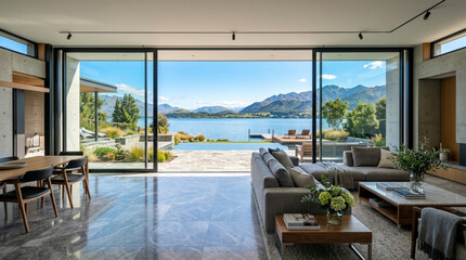 Fototapeta premium Contemporary Living Room with Lake and Mountain View