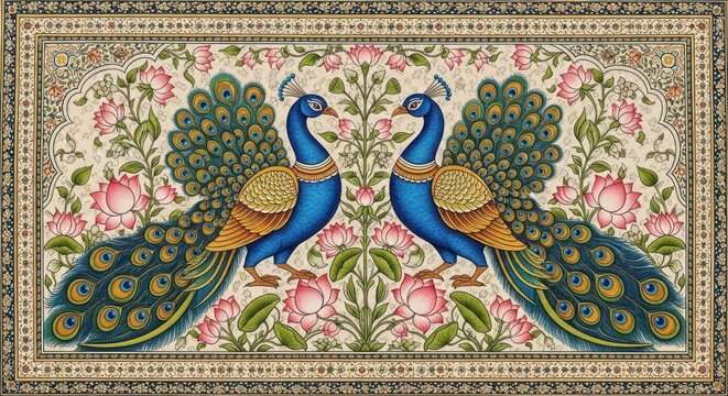 Exquisite Miniature Painting of Two Majestic Peacocks Amidst Floral Splendor.