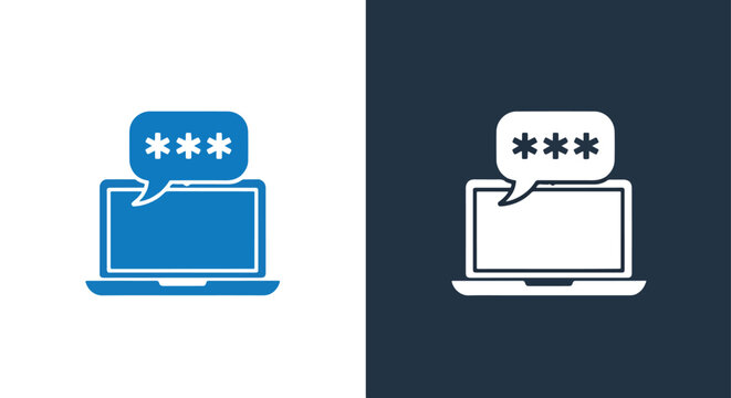 Laptop computer with password bubble icon: Glyph and solid icon set - Icon vector - logo icons. Blue, Black and white icons