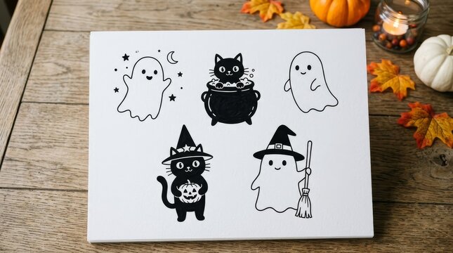 Cute Halloween Doodles and Stickers Set with Kawaii Ghost and Black Cat Illustration